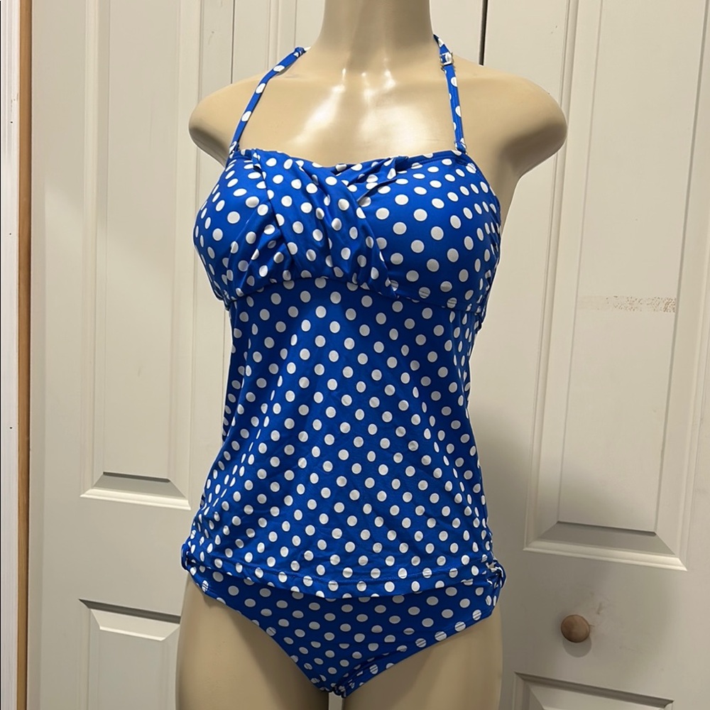 PERRY ELLIS Blue Polka Dot Halter Swimsuit